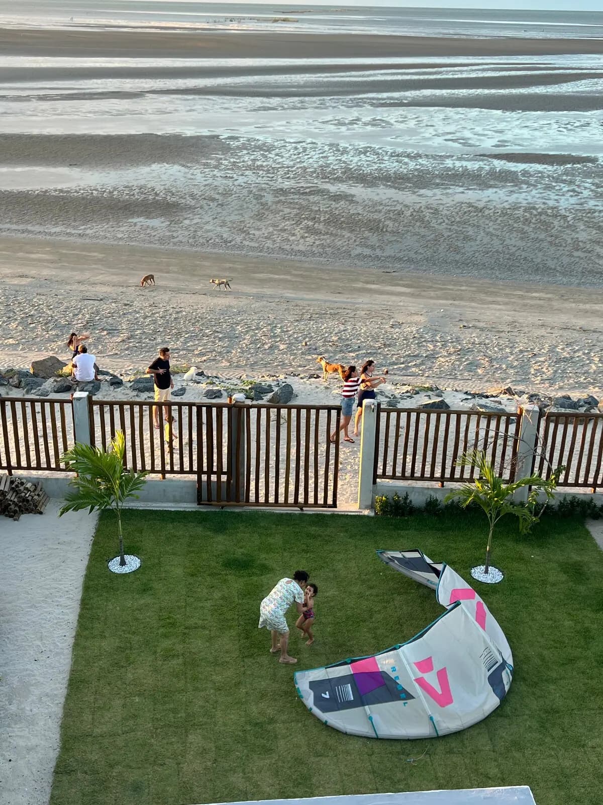 Kite aberto no gramado, com a praia e a cerca de bambu ao fundo